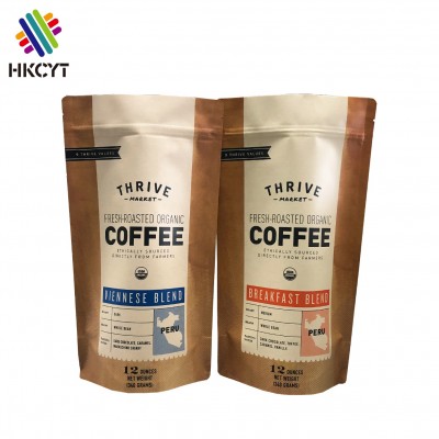 FDA stand up kraft paper coffee bag with valve mylar plastic ziplock pouch